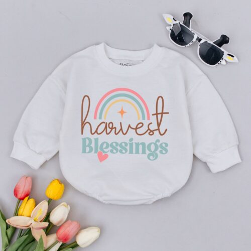 Harvest Blessing Thanksgiving Baby Romper Fall Baby Bodysuit Religious First Thanksgiving Outfit image 0