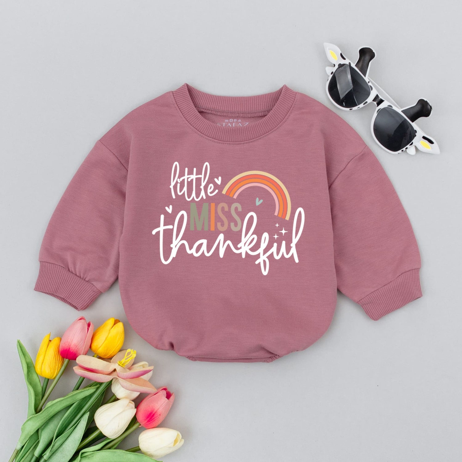 Little Miss Thankful Baby Romper Pumpkin Bodysuit Funny Thanksgiving Baby Outfit image 3