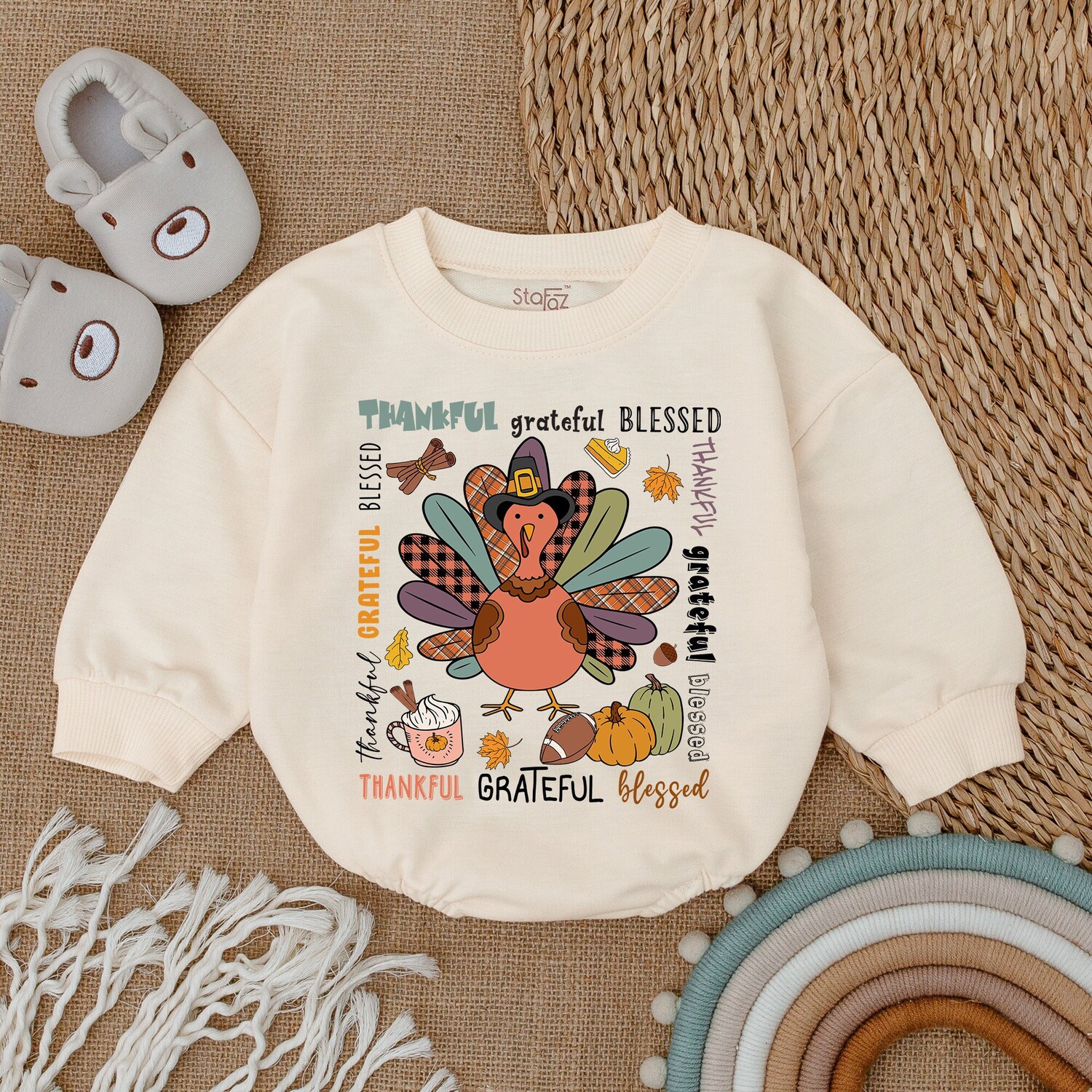 Thankful Grateful Blessed Baby Romper Thanksgiving Infant Outfit Fall Baby Shower Gift image 1