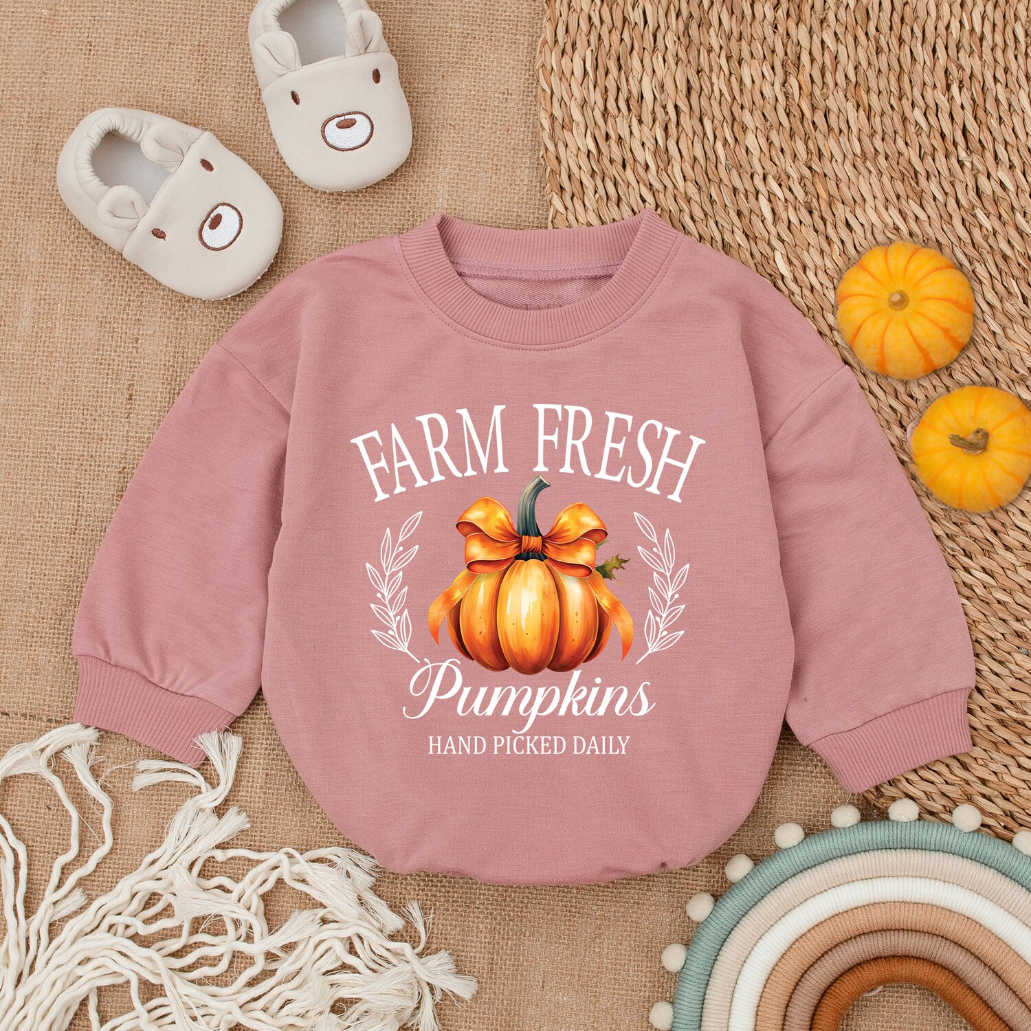 Farm Fresh Pumpkins Baby Romper First Thanksgiving Outfit Fall Baby Shower Gift image 3