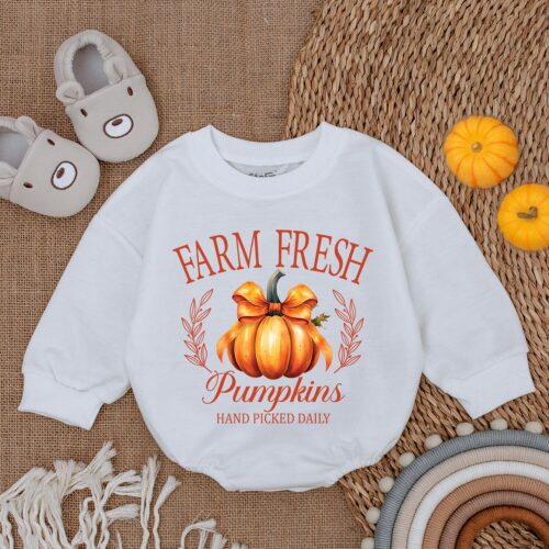 Farm Fresh Pumpkins Baby Romper First Thanksgiving Outfit Fall Baby Shower Gift image 0