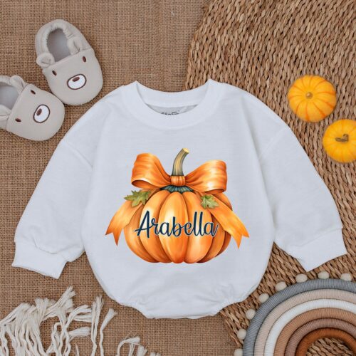 Custom Pumpkin Bow Baby Romper First Thanksgiving Outfit Fall Newborn Clothes image 0