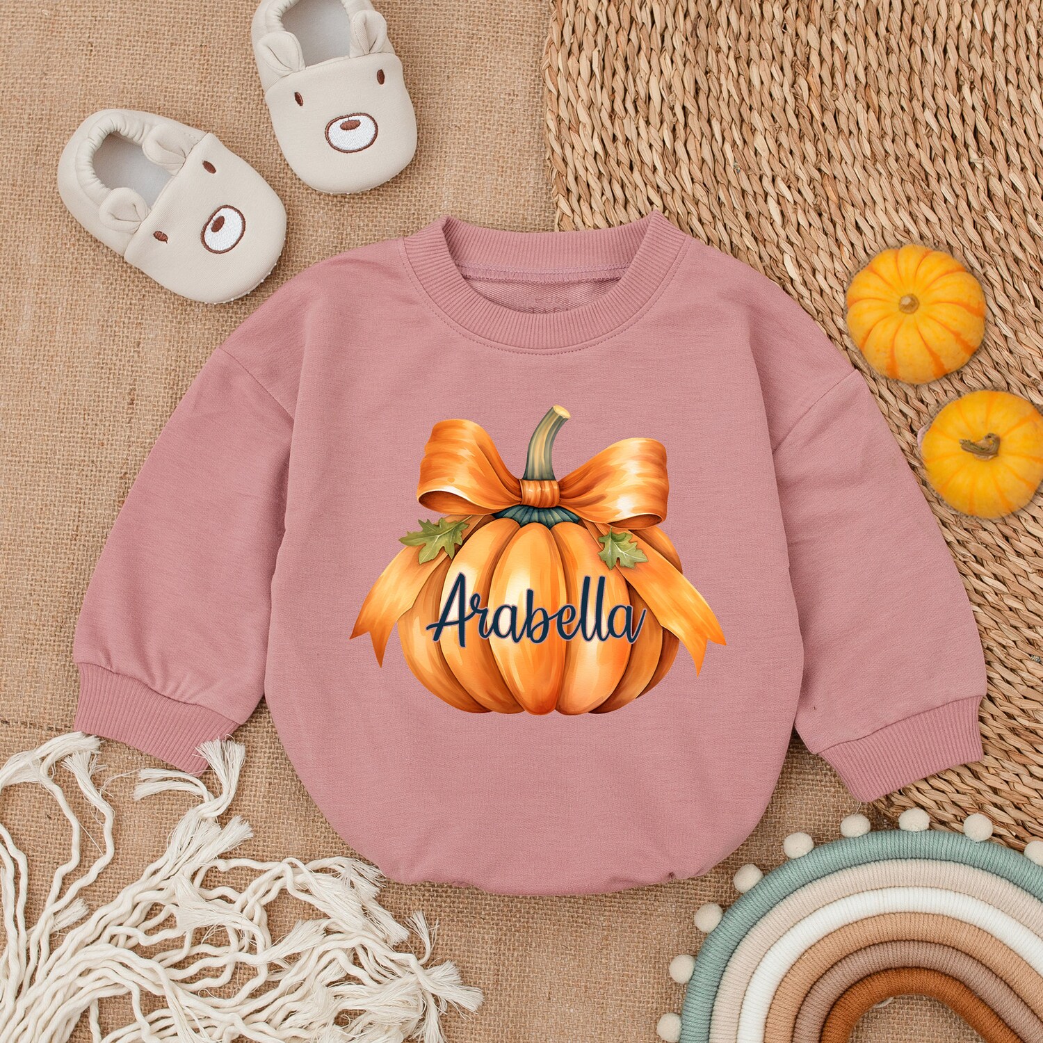 Custom Pumpkin Bow Baby Romper First Thanksgiving Outfit Fall Newborn Clothes image 2