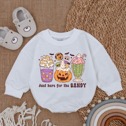 Just Here for Candy Baby Girl Romper Groovy Halloween Baby Outfit First Halloween Baby Clothes image 0