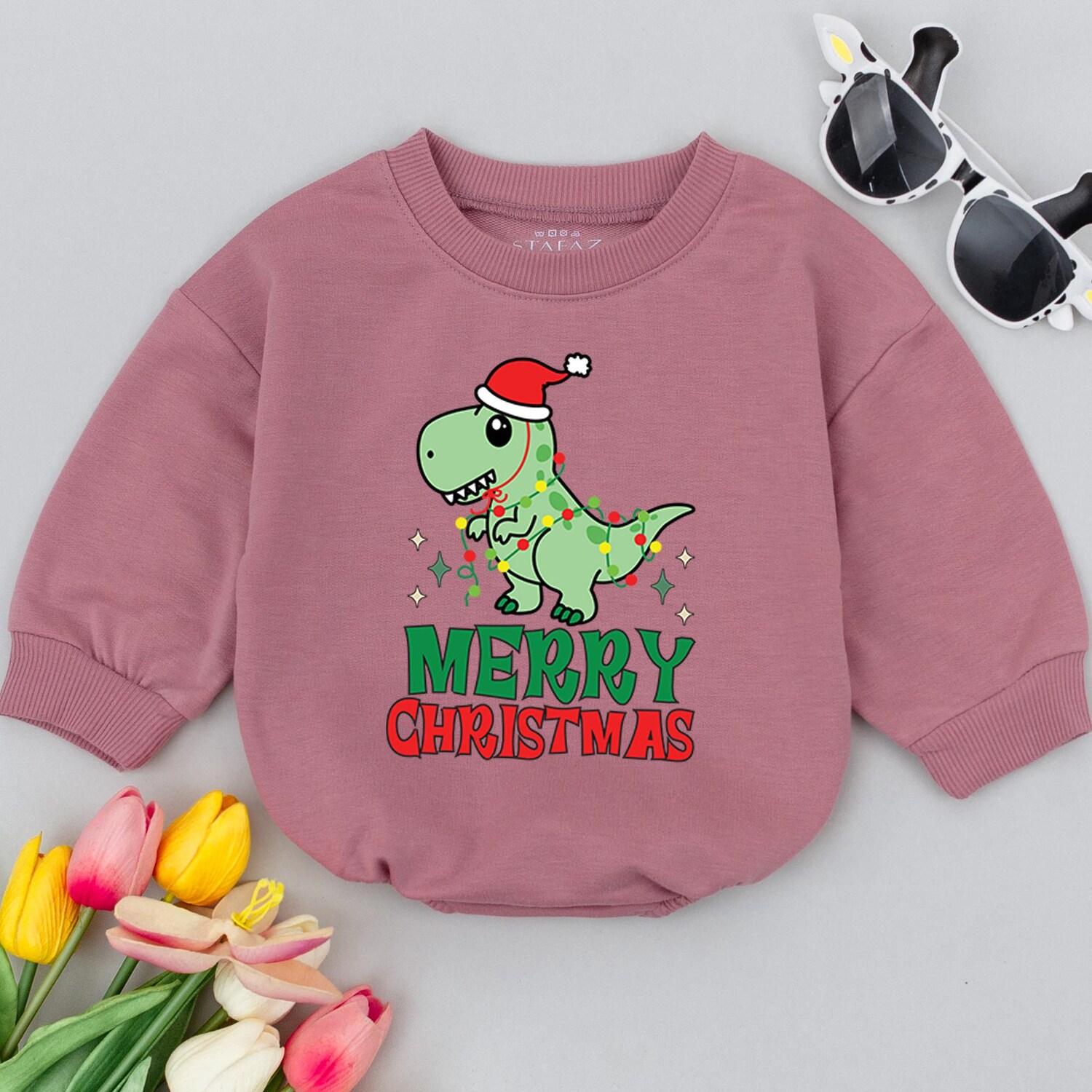 Funny Dinosaur Christmas Baby Romper 1st Christmas Outfit Baby Shower Gift Merry Xmas Vibes image 2