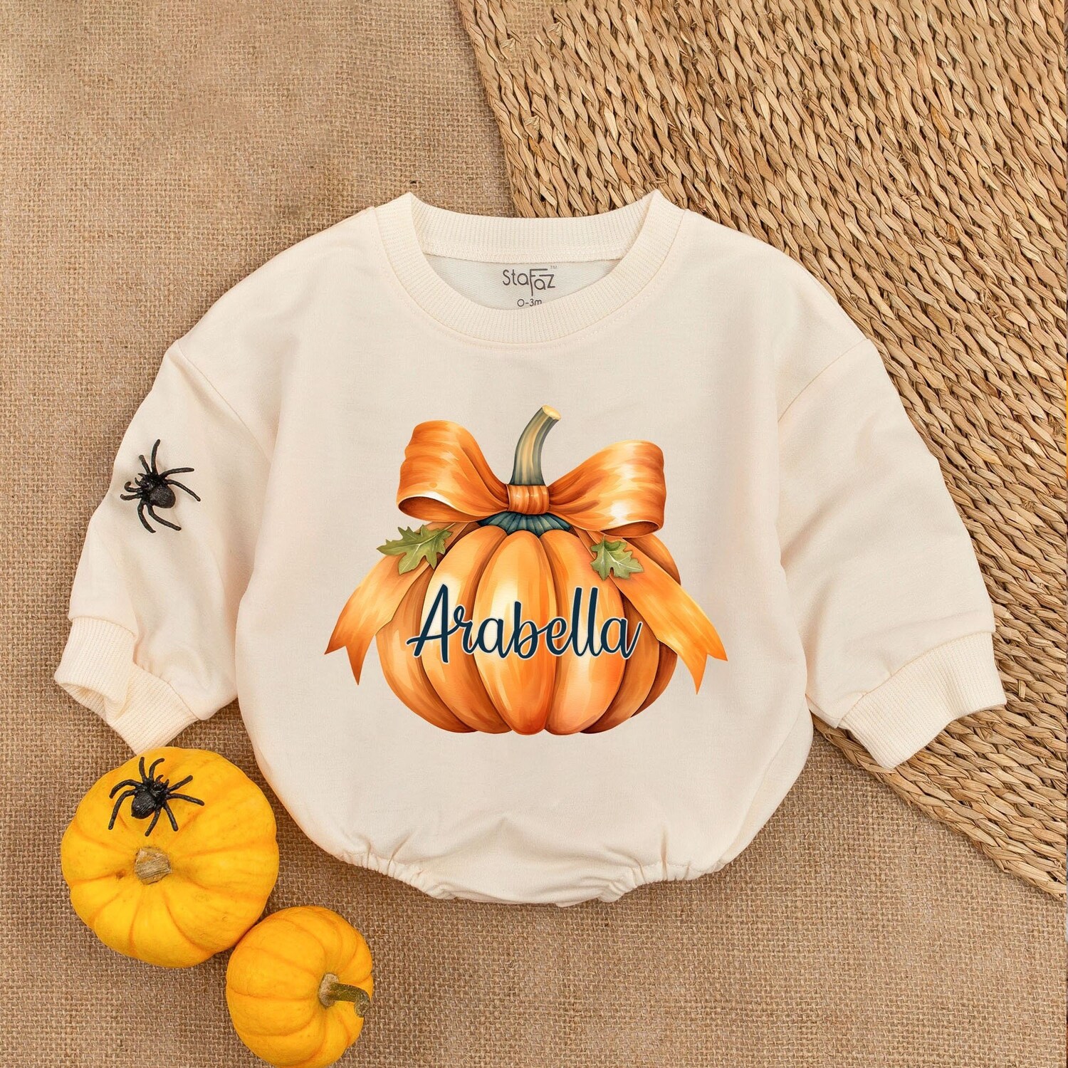 Custom Pumpkin Bow Baby Romper First Thanksgiving Outfit Fall Newborn Clothes image 1