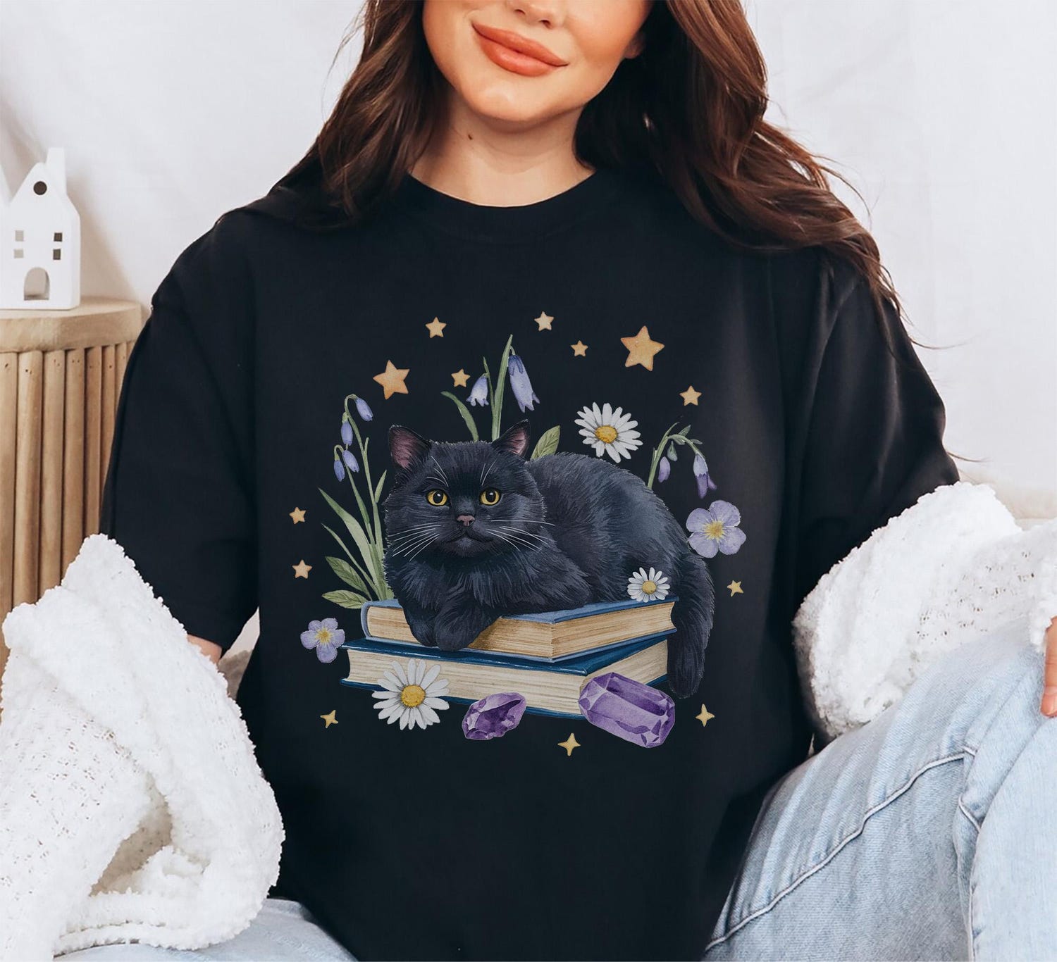 Black Cat Book Shirt Floral Book Lovers Tee Witchy Cat Sweatshirt Gift Trendy Reading Apparel image 2