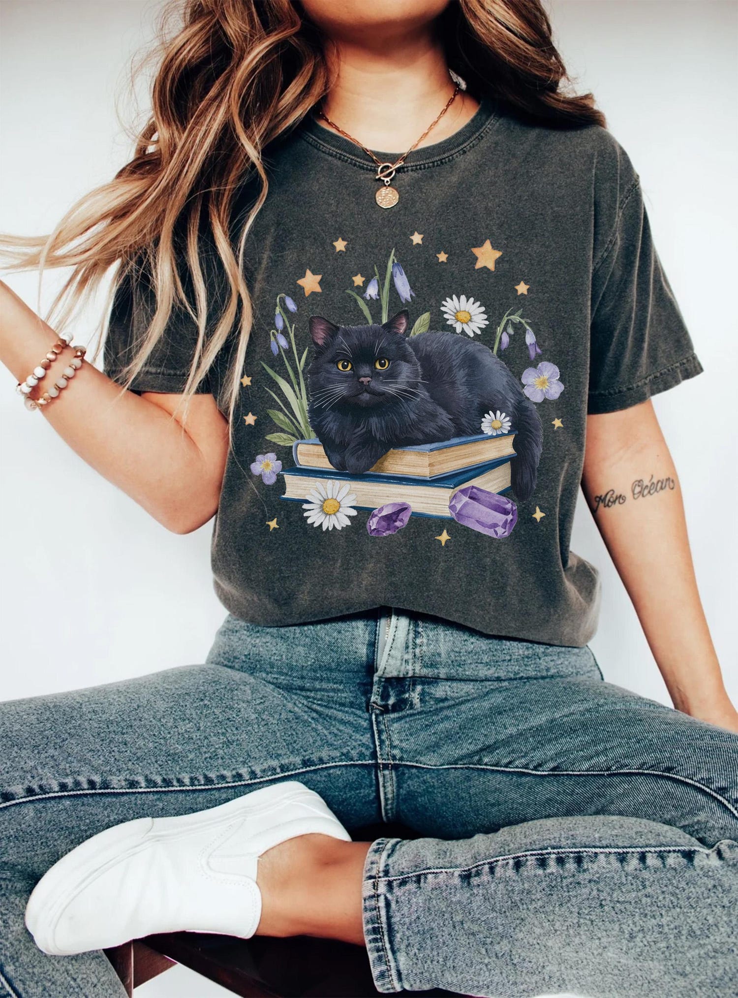 Black Cat Book Shirt Floral Book Lovers Tee Witchy Cat Sweatshirt Gift Trendy Reading Apparel image 4