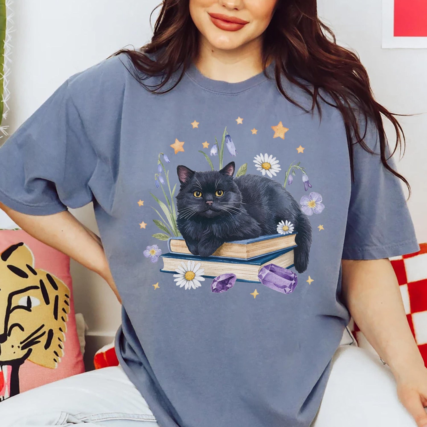 Black Cat Book Shirt Floral Book Lovers Tee Witchy Cat Sweatshirt Gift Trendy Reading Apparel image 1