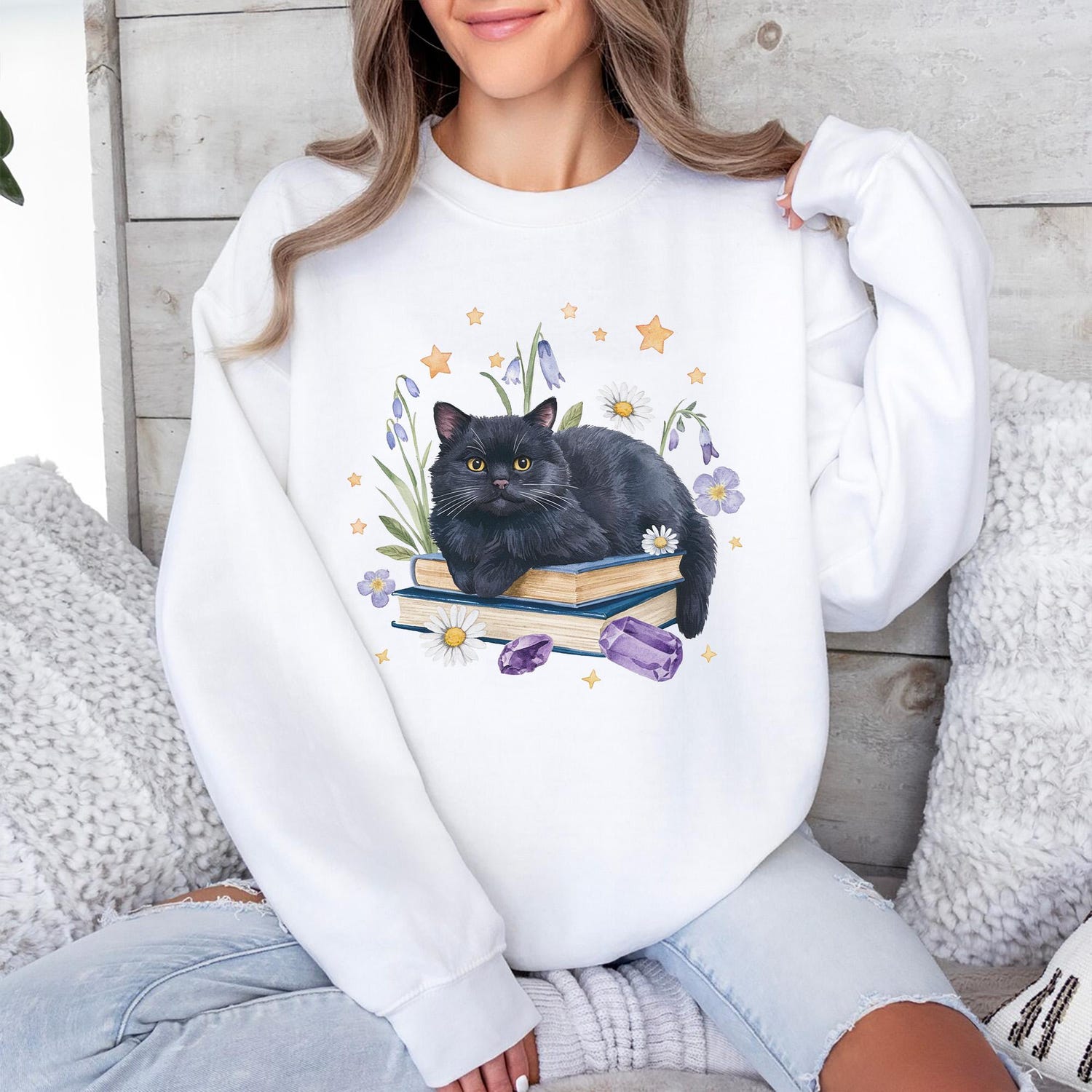 Black Cat Book Sweatshirt Daisy Wildflower Floral Shirt for Book Lovers Witchy Cat Gift image 3