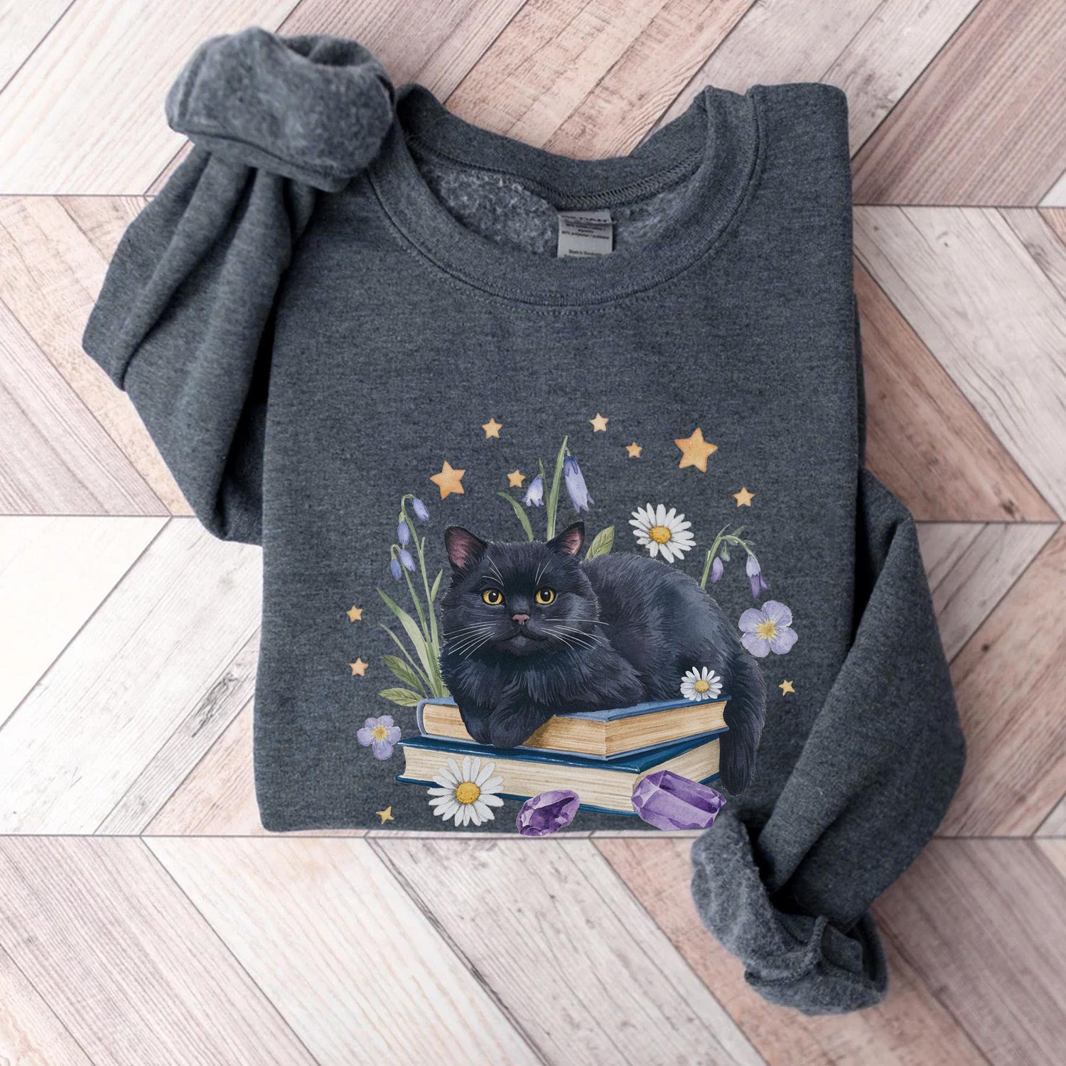 Black Cat Book Sweatshirt Daisy Wildflower Floral Shirt Gift for Cat Lovers & Bookworms image 1