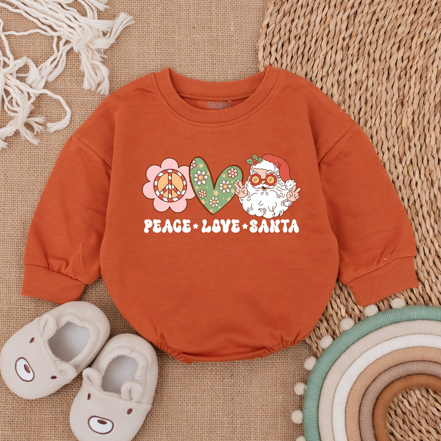 Peace Love Santa Baby Romper Cozy Christmas Bodysuit Long Sleeve First Christmas Outfit image 4