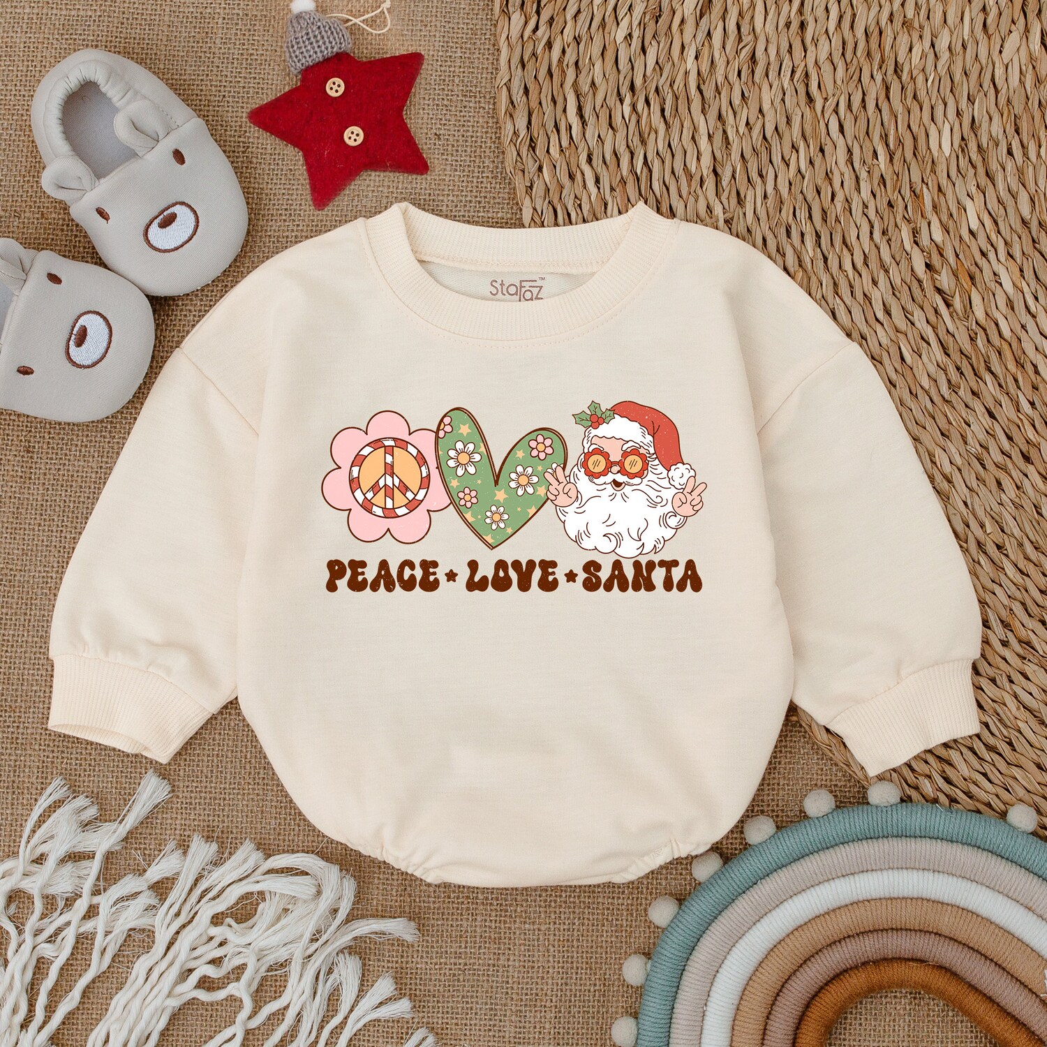 Peace Love Santa Baby Romper Cozy Christmas Bodysuit Long Sleeve First Christmas Outfit image 1