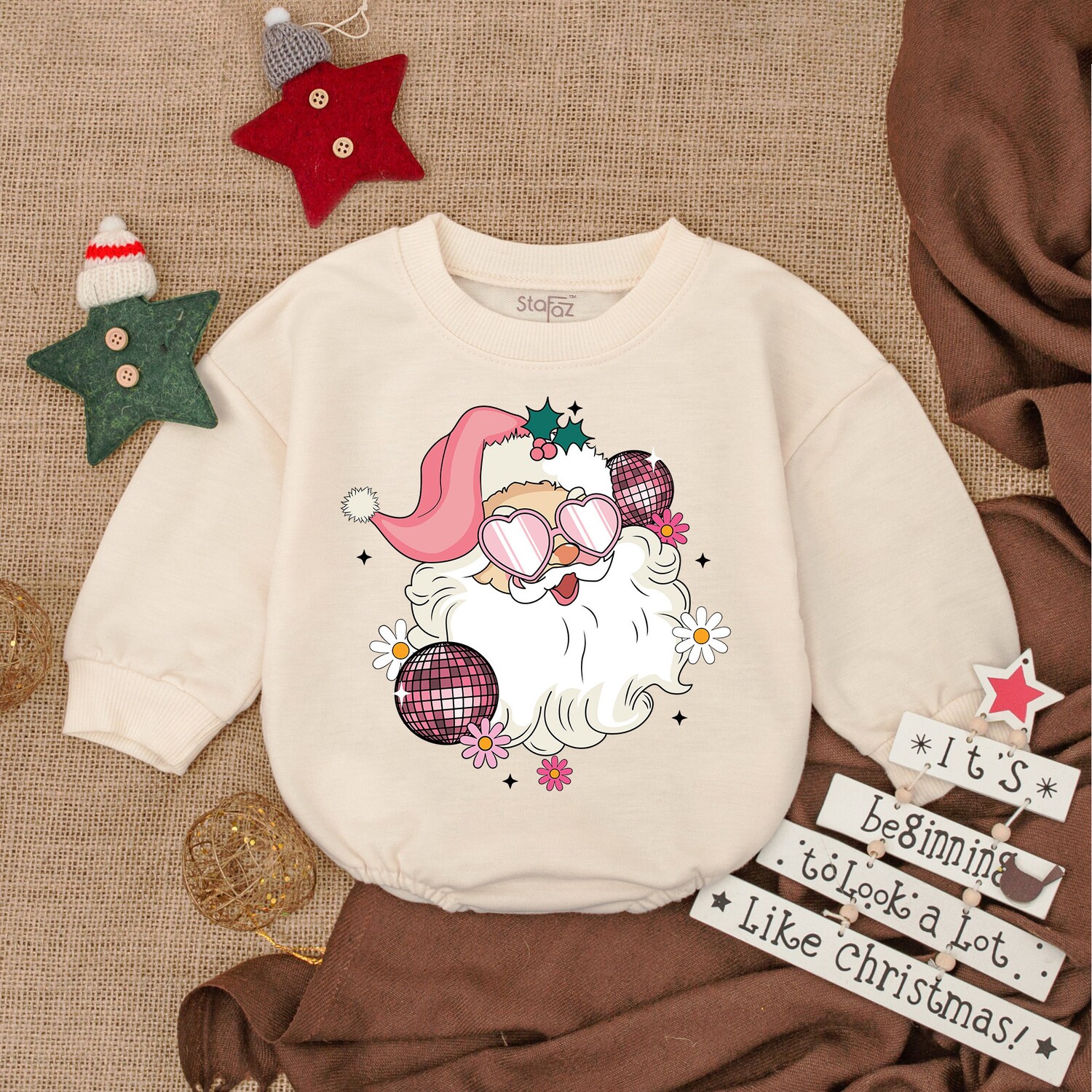 Retro Santa Baby Romper My First Christmas Bodysuit Baby Christmas Outfit Long Sleeve image 1