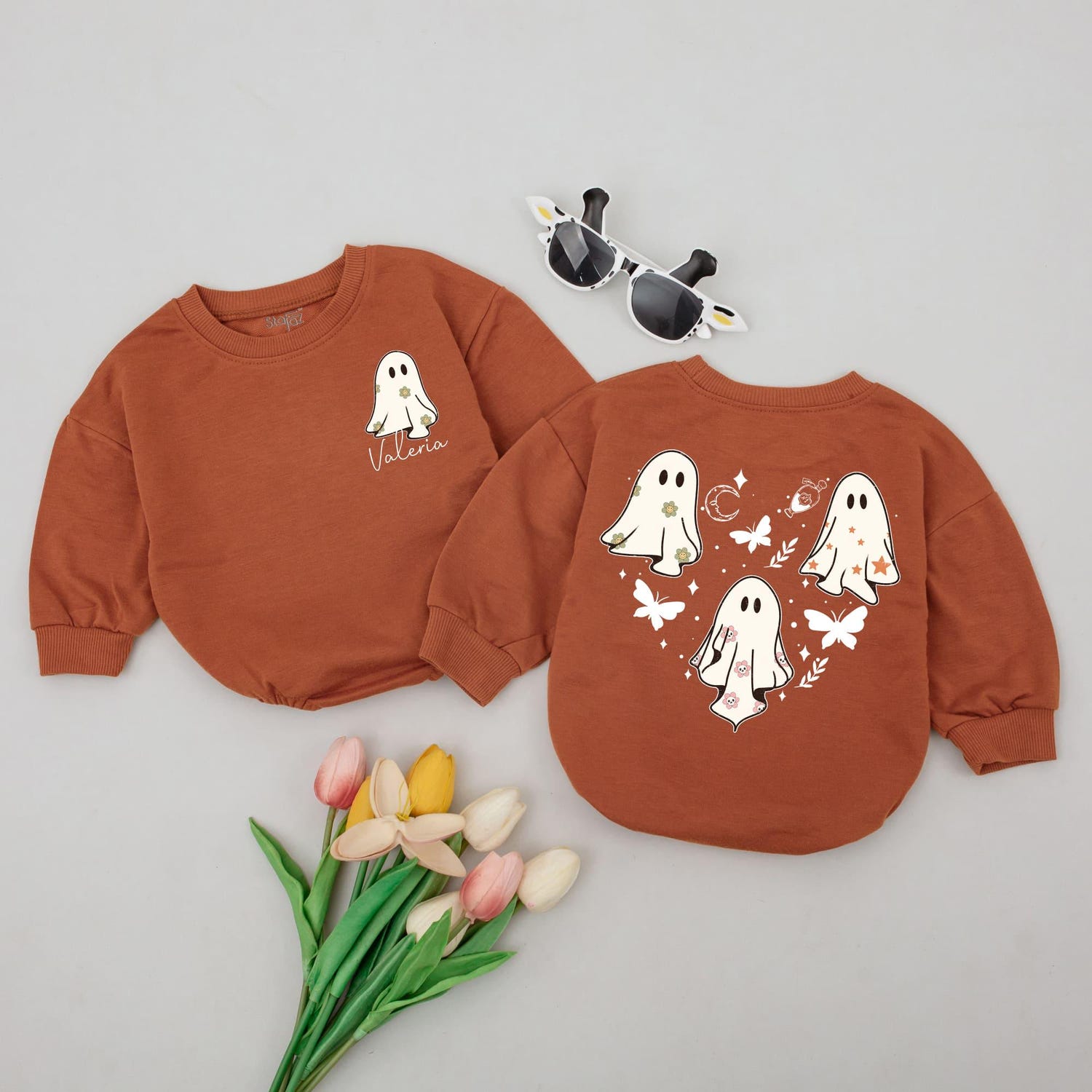 Halloween Baby Romper Bodysuit Heart Ghost Newborn Outfit Bubble Romper Sweatshirt image 1