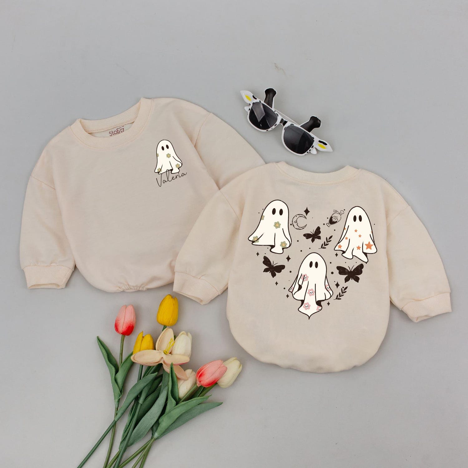 Halloween Baby Romper Bodysuit Heart Ghost Newborn Outfit Bubble Romper Sweatshirt image 2