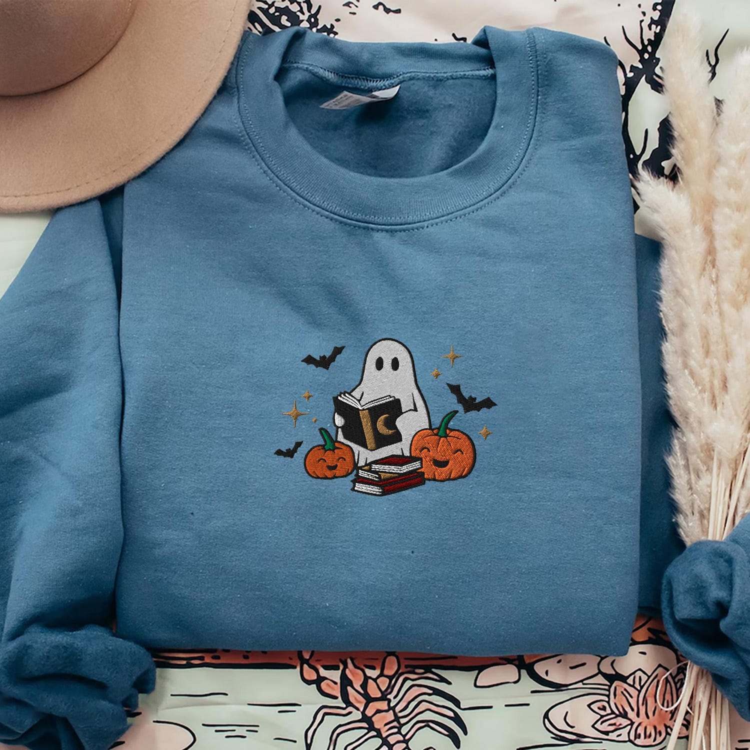 Halloween Embroidered Book Ghost Sweatshirt Fall Crewneck for Women Spooky Pumpkin Shirt image 3