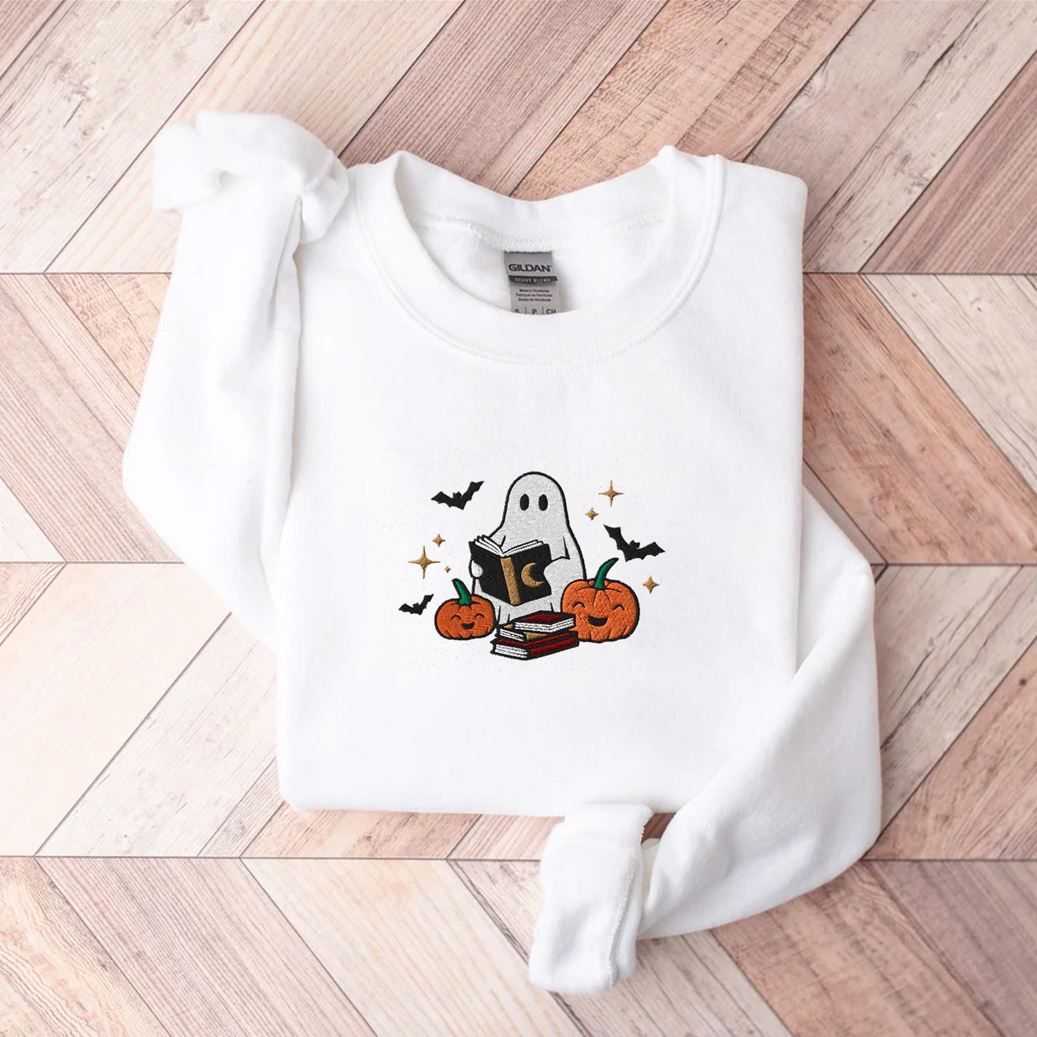 Halloween Embroidered Book Ghost Sweatshirt Fall Crewneck for Women Spooky Pumpkin Shirt image 6