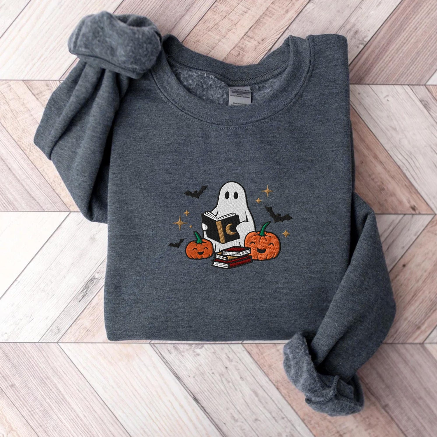 Halloween Embroidered Book Ghost Sweatshirt Fall Crewneck for Women Spooky Pumpkin Shirt image 1