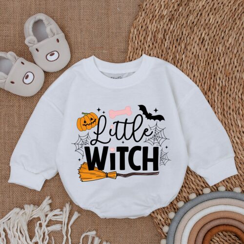 Little Witch Halloween Baby Romper Retro Halloween Baby Clothes First Halloween Outfit image 0