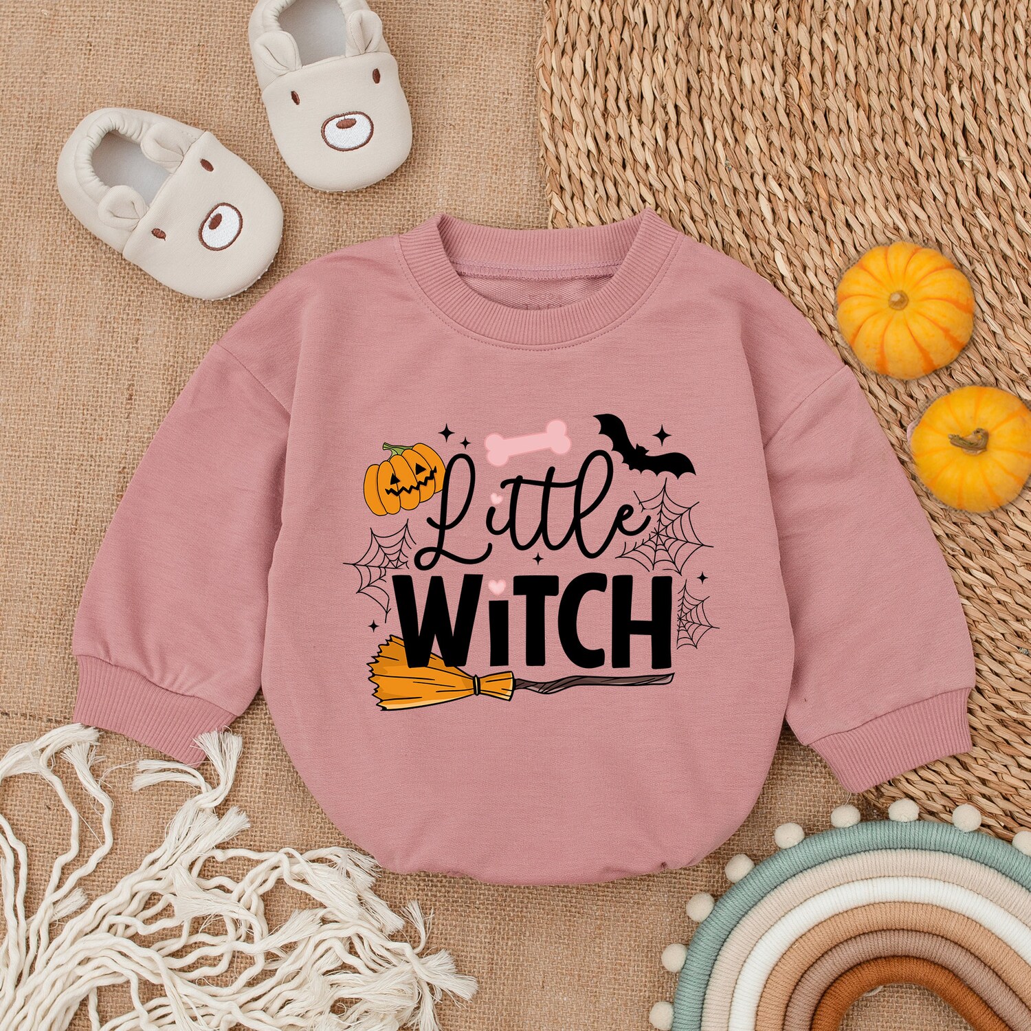 Little Witch Halloween Baby Romper Retro Halloween Baby Clothes First Halloween Outfit image 2