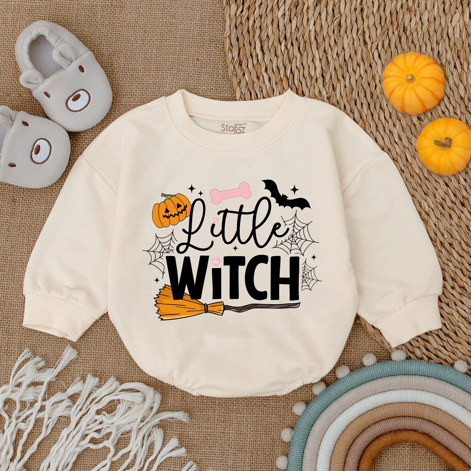 Little Witch Halloween Baby Romper Retro Halloween Baby Clothes First Halloween Outfit image 1