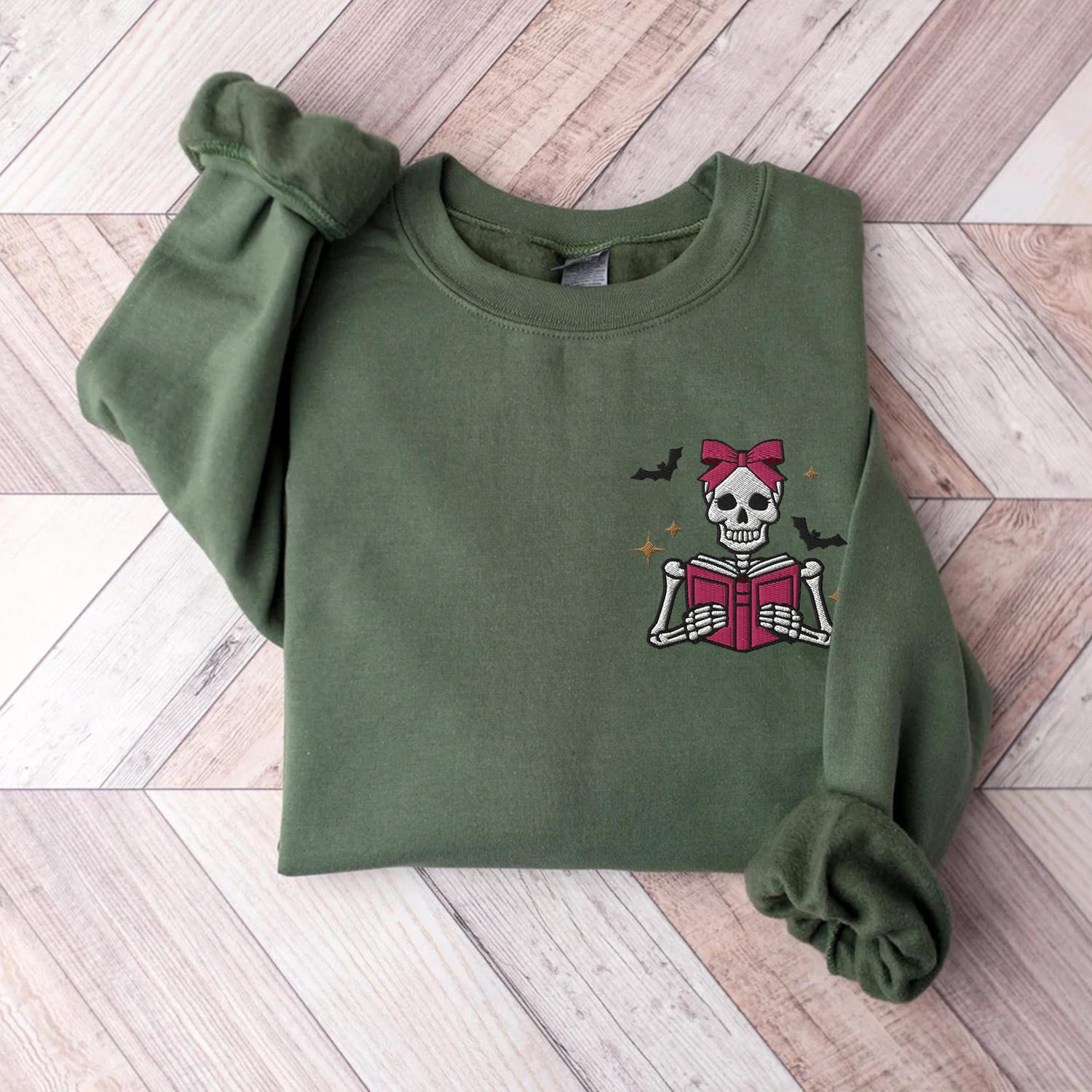 Embroidered Skeleton Book Sweatshirt Bookish Spooky Season Book Lover Gift Bookworm Shirt image 2