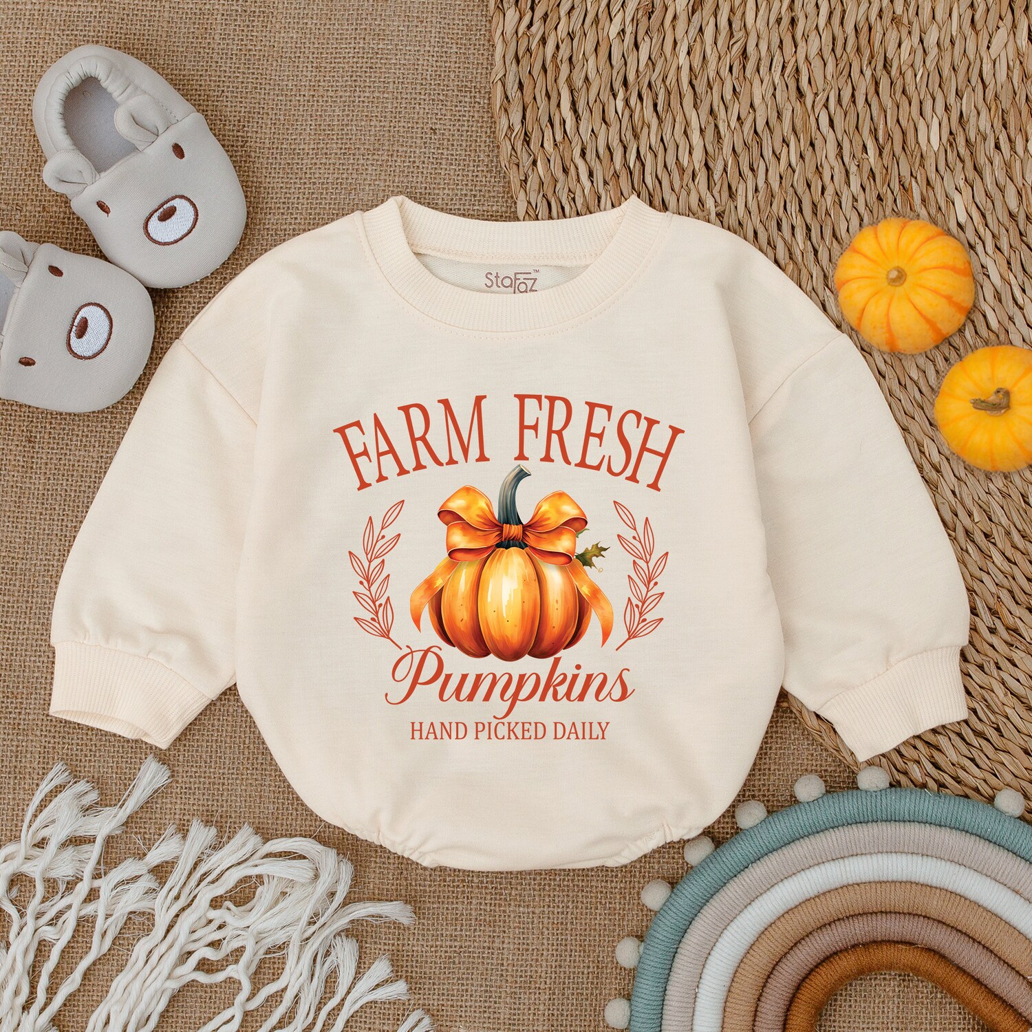 Farm Fresh Pumpkins Baby Romper First Thanksgiving Outfit Fall Baby Shower Gift image 1