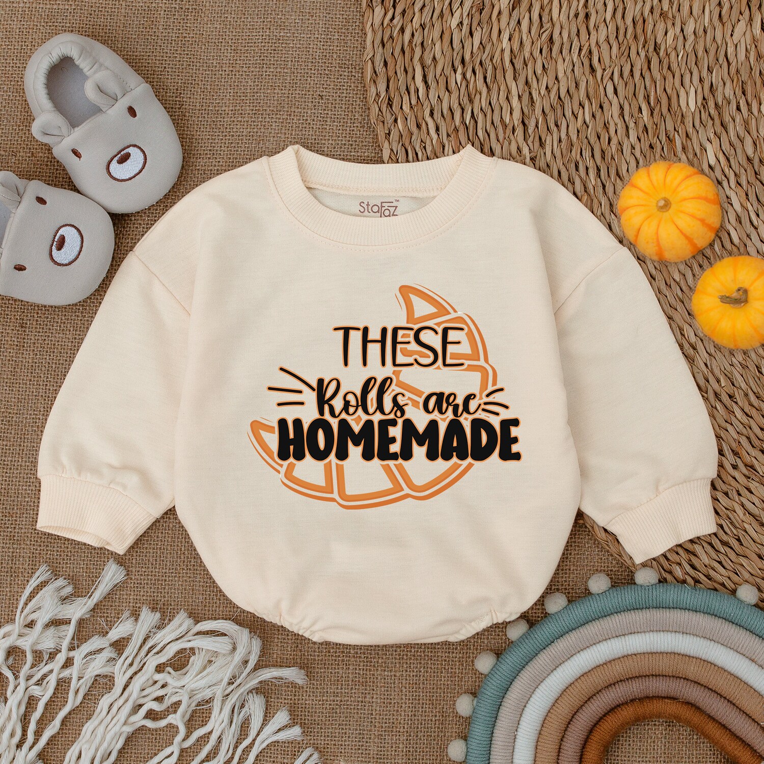 Homemade Rolls Romper Thanksgiving Infant Outfit Fall Baby Shower First Thanksgiving image 1