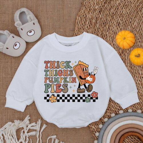 Thick Thighs and Pumpkin Pies Baby Romper First Thanksgiving Outfit Fall Newborn Clothes image 0