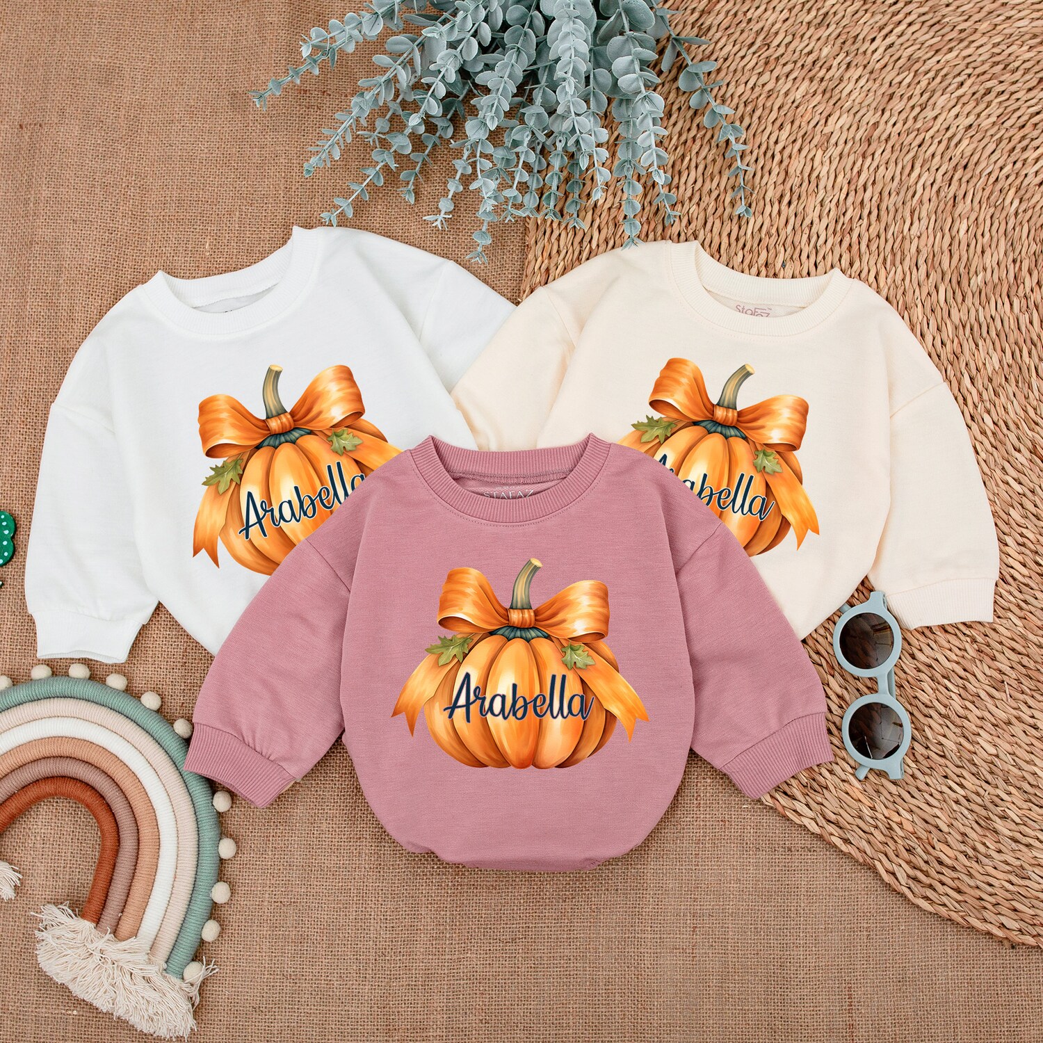 Custom Pumpkin Bow Baby Romper First Thanksgiving Outfit Fall Newborn Clothes image 3