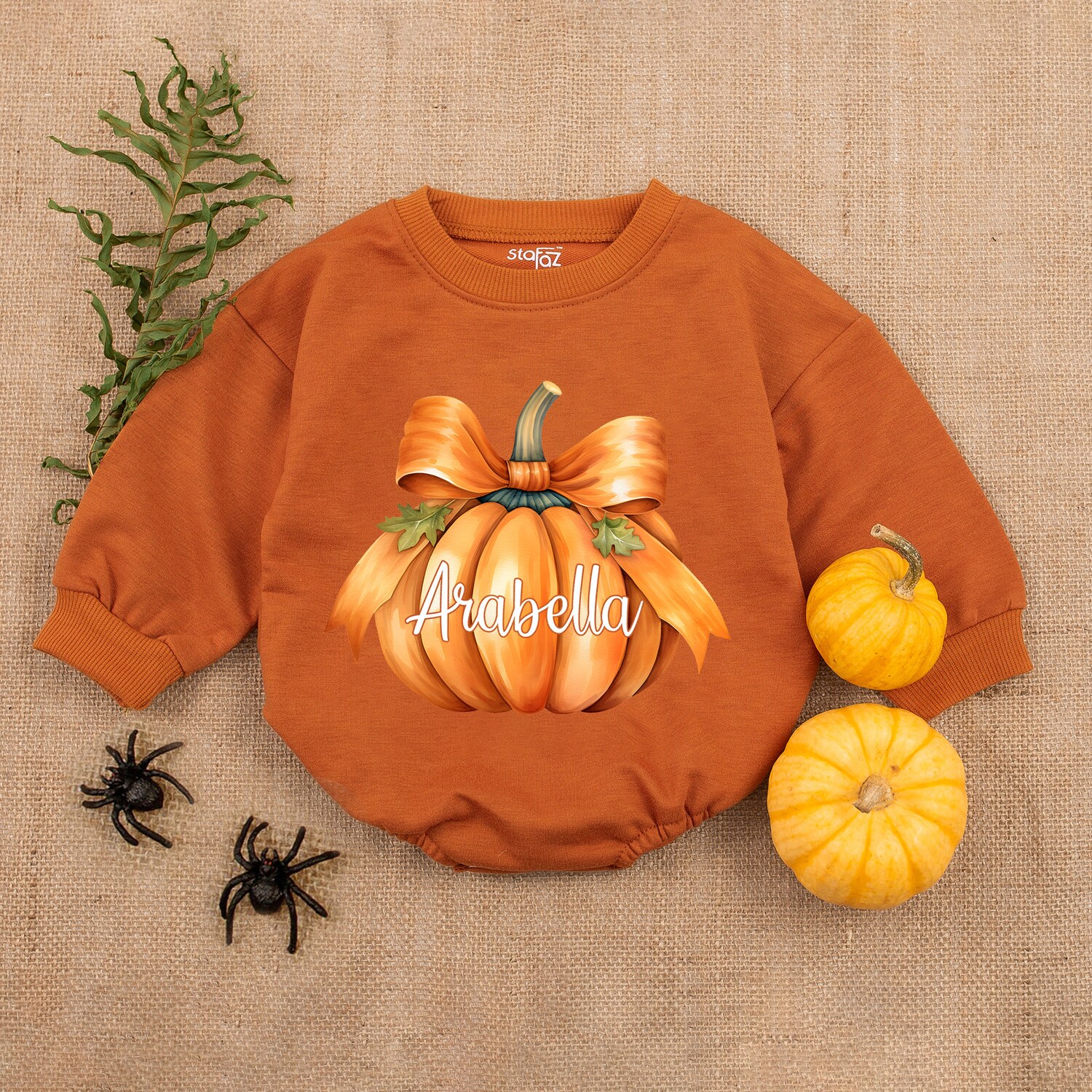 Custom Pumpkin Bow Baby Romper First Thanksgiving Outfit Fall Newborn Clothes image 4