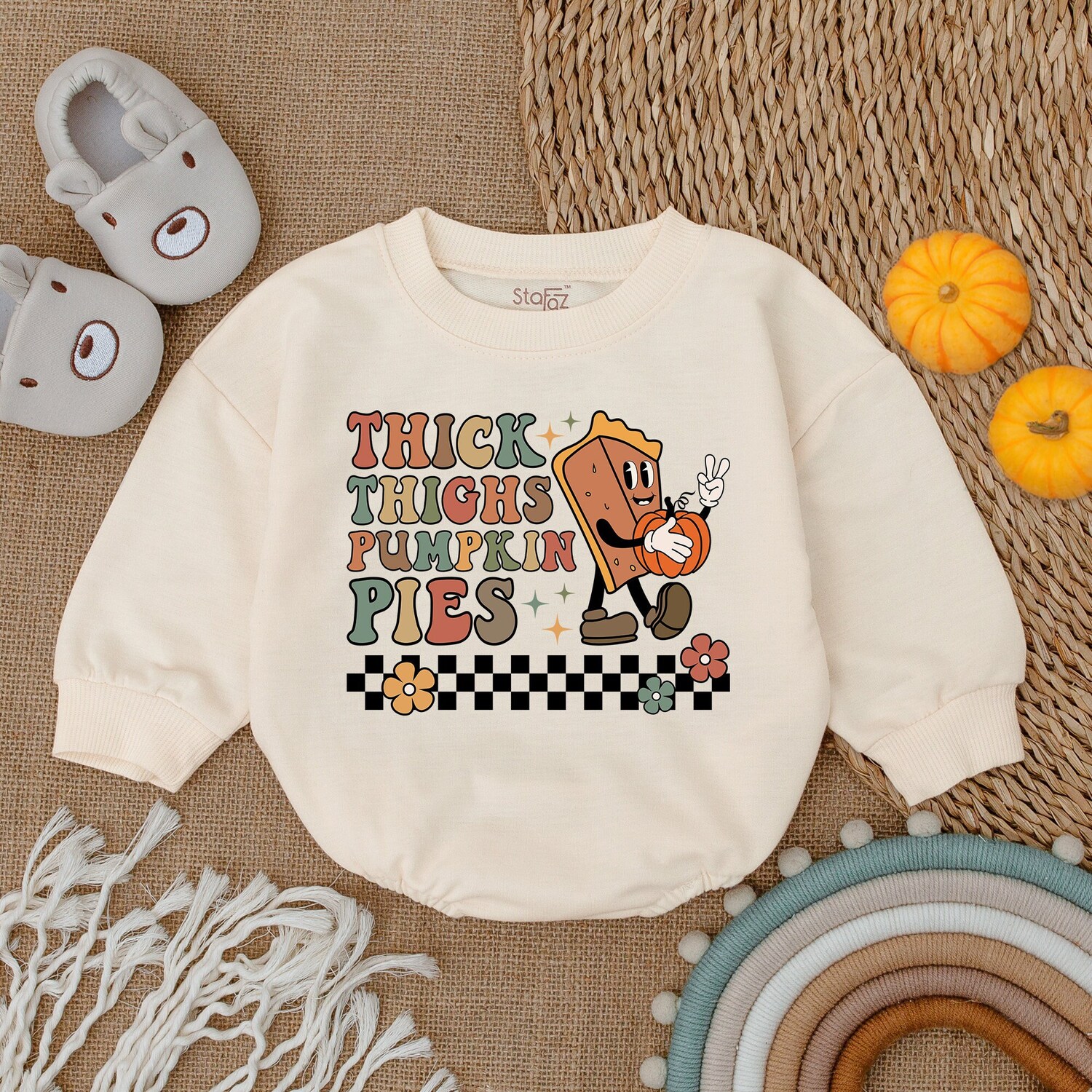 Thick Thighs and Pumpkin Pies Baby Romper First Thanksgiving Outfit Fall Newborn Clothes image 1