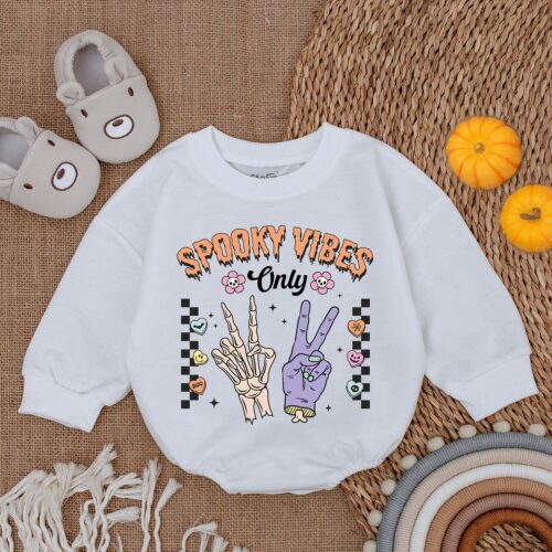 My First Halloween Baby Girl Bodysuit Spooky Vibes Only Baby Romper Outfit image 0