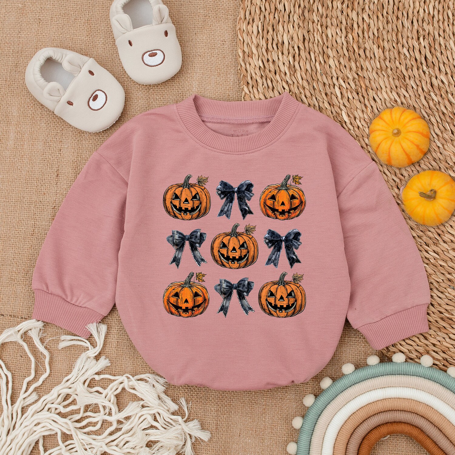 Retro Halloween Baby Romper Cute Bow Baby Clothes First Halloween Outfit image 2