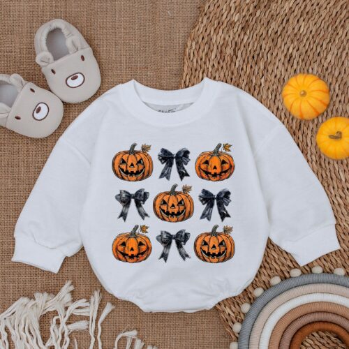 Retro Halloween Baby Romper Cute Bow Baby Clothes First Halloween Outfit image 0