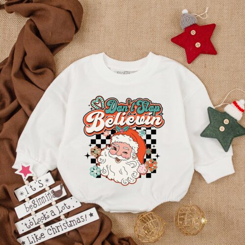 Retro Santa Baby Romper My First Christmas Long Sleeve Bodysuit Baby Christmas Outfit Gift image 0