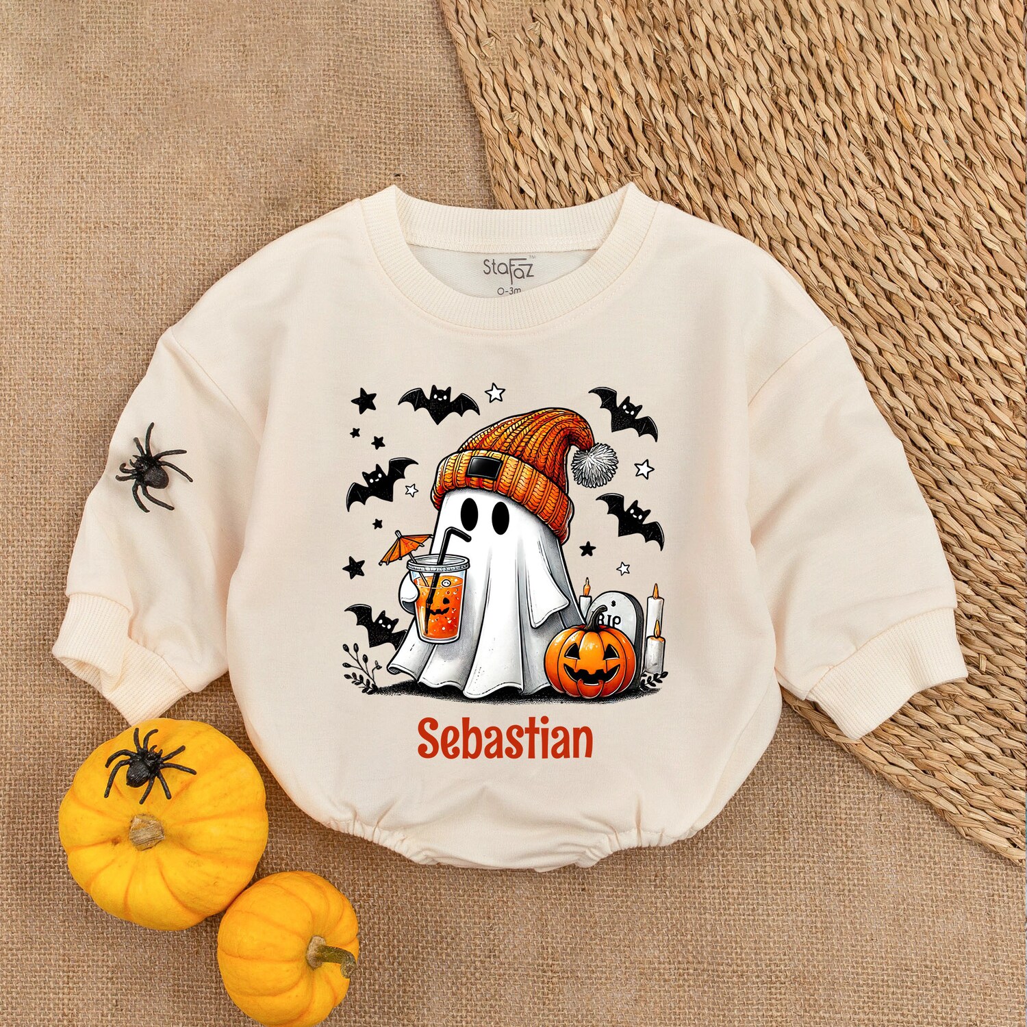 Custom Name Baby Ghost Romper Cute Spooky Pumpkin Halloween Outfit Funny Ghost Baby Gift image 1