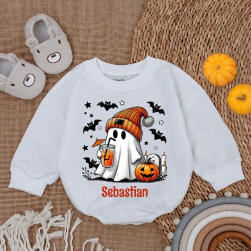 Custom Name Baby Ghost Romper Cute Spooky Pumpkin Halloween Outfit Funny Ghost Baby Gift image 0