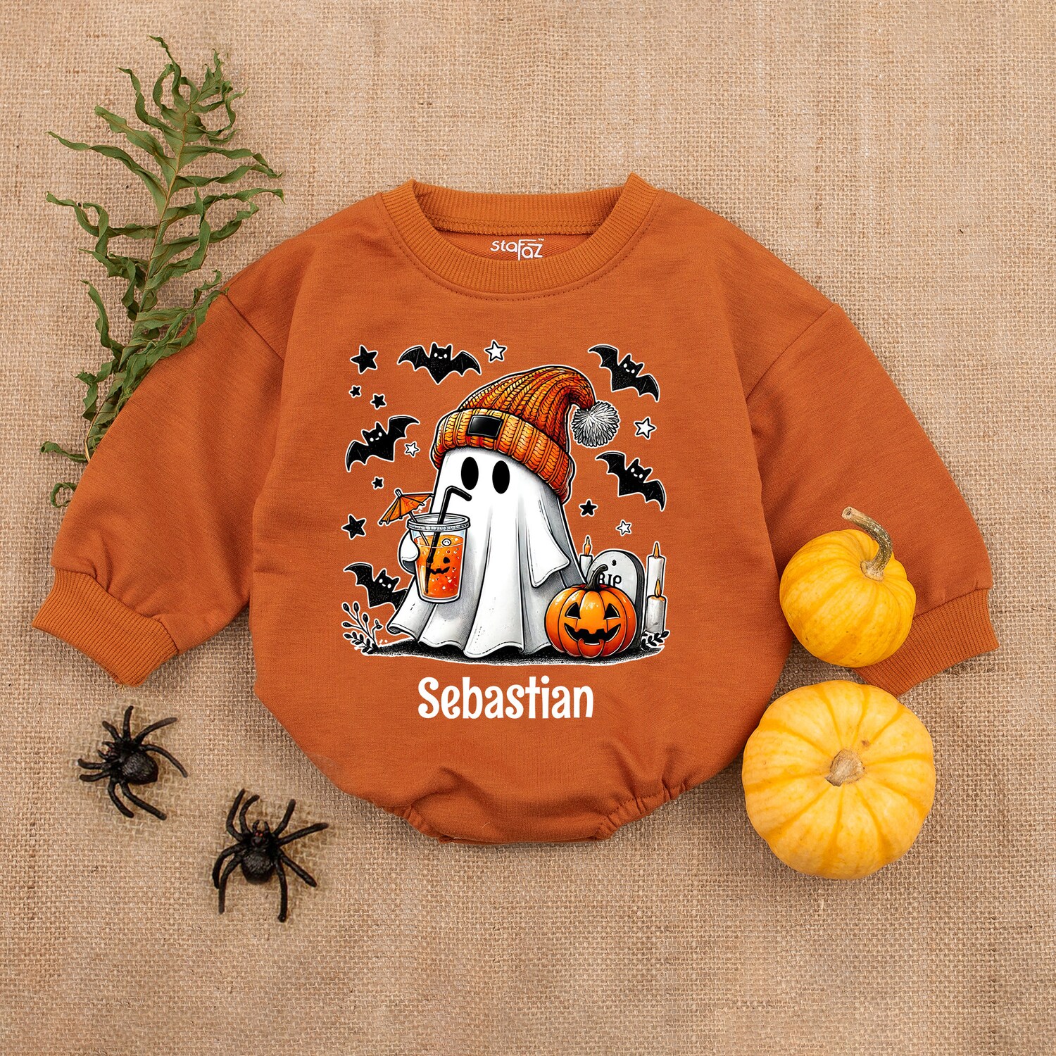 Custom Name Baby Ghost Romper Cute Spooky Pumpkin Halloween Outfit Funny Ghost Baby Gift image 3