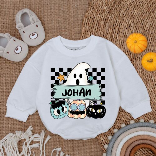 Personalized First Halloween Baby Romper Custom Name Cute Ghost Outfit Spooky Halloween Gift image 0