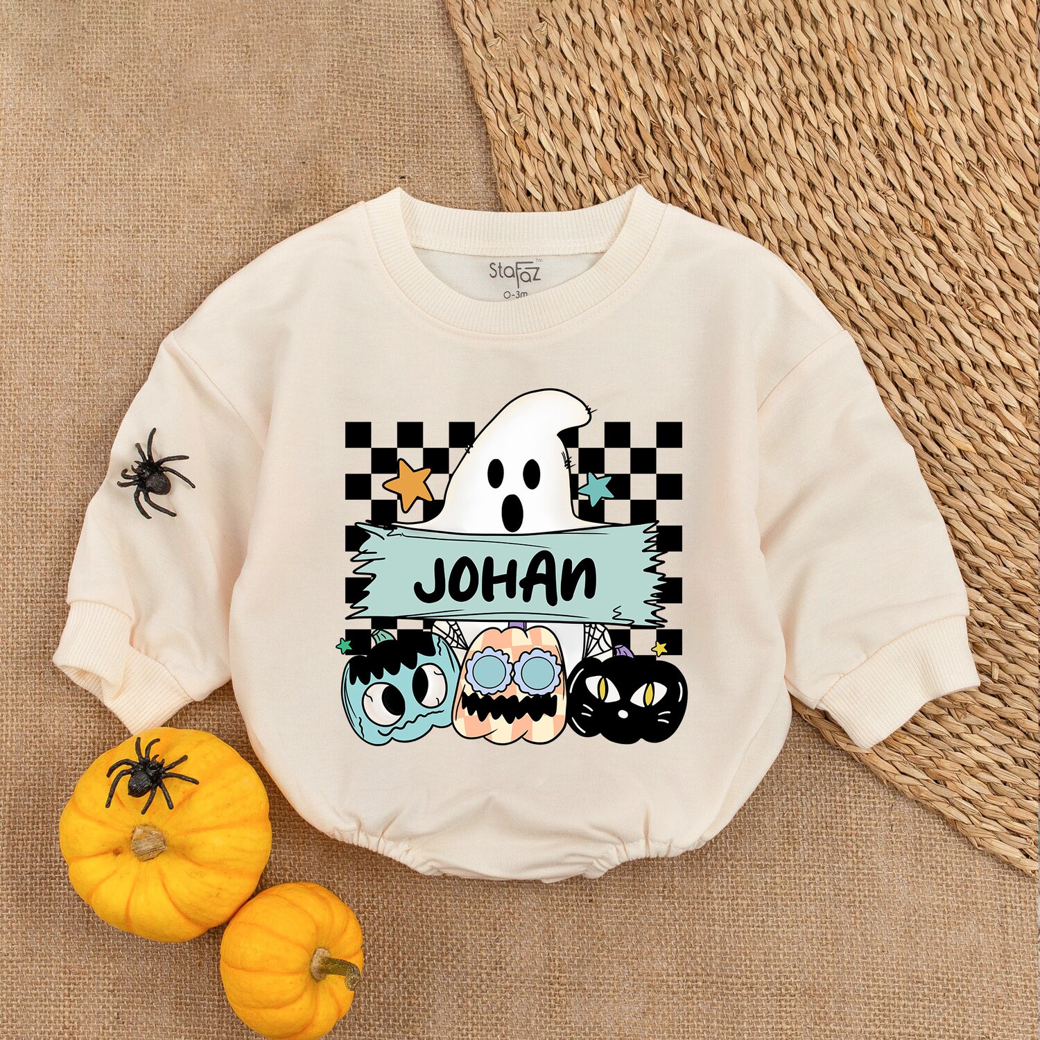 Personalized First Halloween Baby Romper Custom Name Cute Ghost Outfit Spooky Halloween Gift image 1