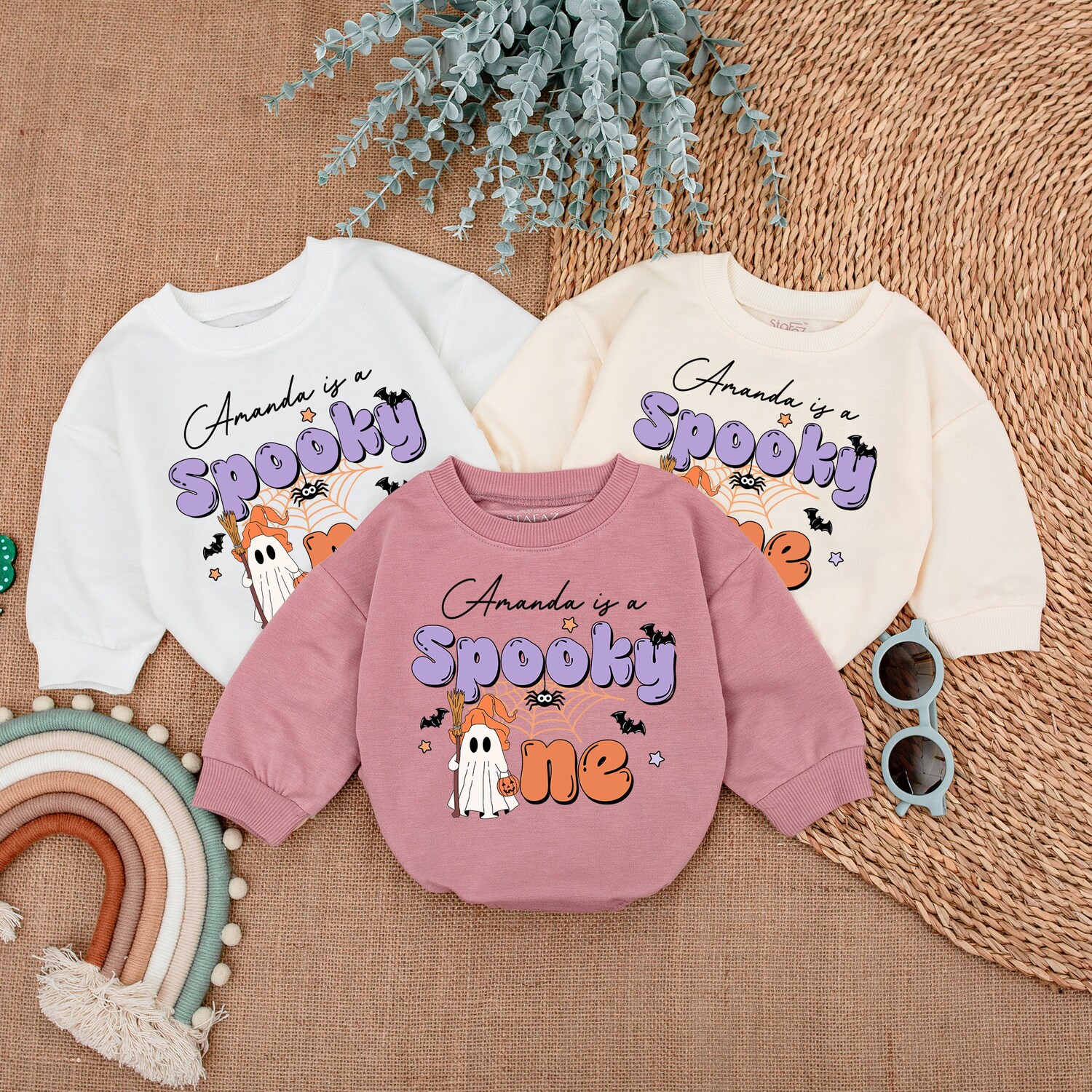 Custom Name Ghost Romper Cute Spooky Pumpkin Baby Sweatshirt Funny Halloween Gift image 3