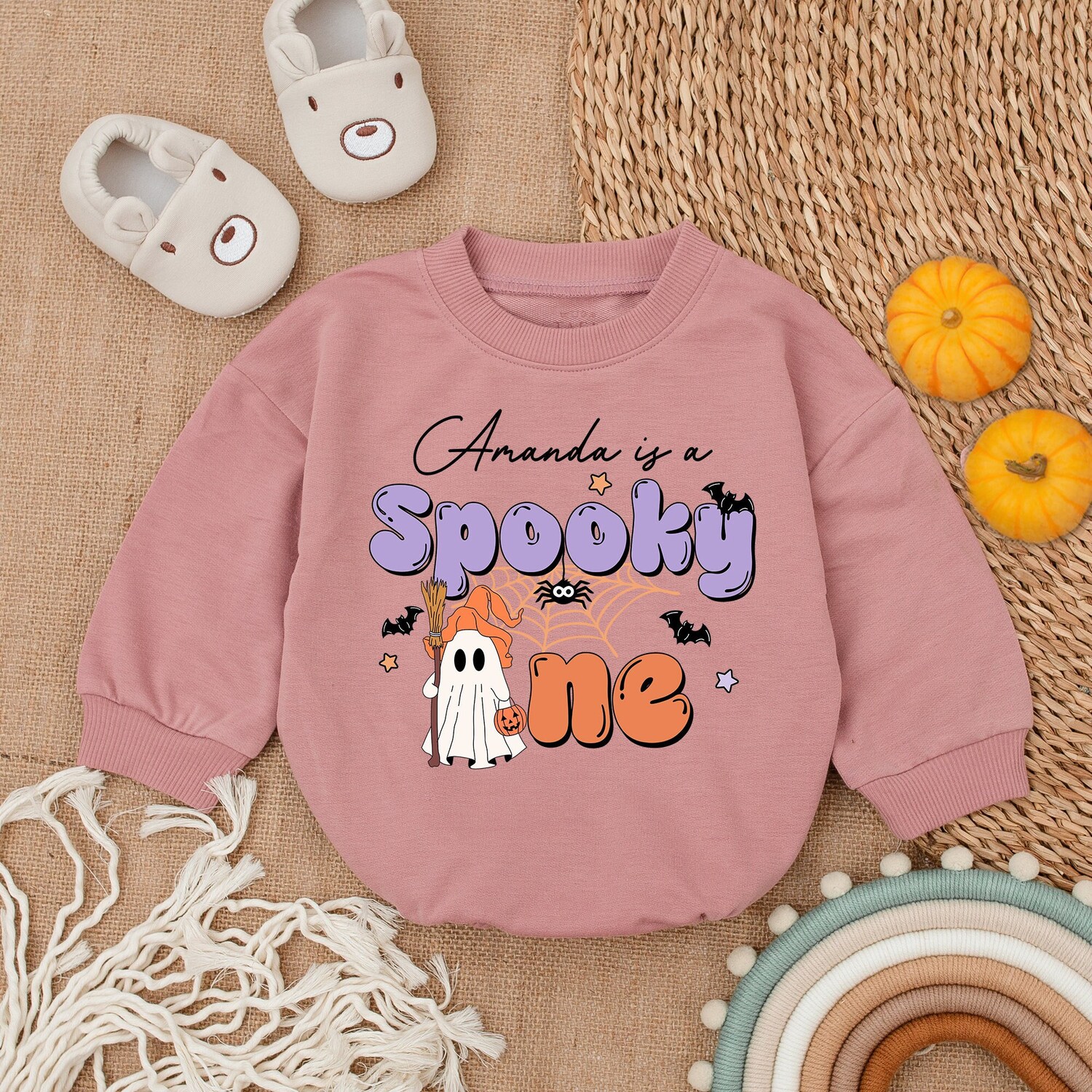 Custom Name Ghost Romper Cute Spooky Pumpkin Baby Sweatshirt Funny Halloween Gift image 2