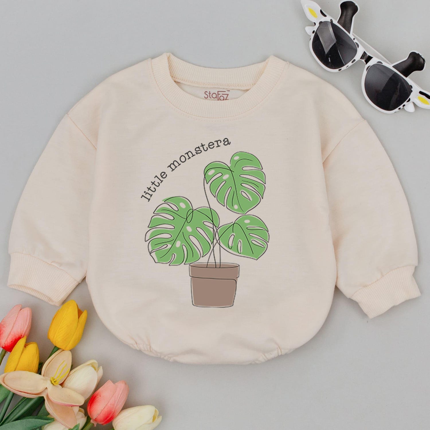 Little Monstera Baby Romper Funny Plant Bodysuit Newborn Baby Shower Gift Tropical Baby Outfit image 1