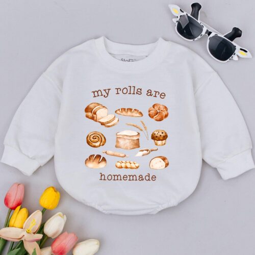 Homemade Rolls Retro Baby Romper Funny Thanksgiving Baby Bodysuit Baking Baby Outfit image 0