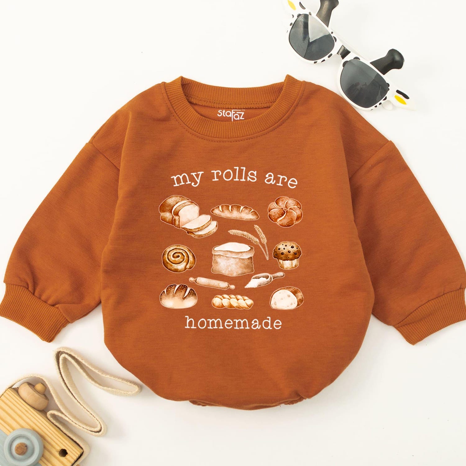 Homemade Rolls Retro Baby Romper Funny Thanksgiving Baby Bodysuit Baking Baby Outfit image 3