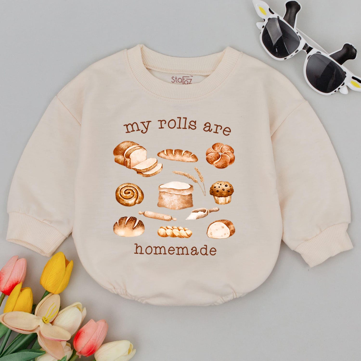 Homemade Rolls Retro Baby Romper Funny Thanksgiving Baby Bodysuit Baking Baby Outfit image 1