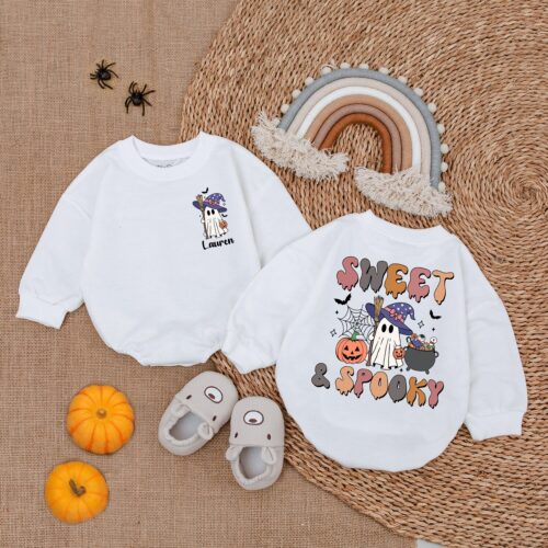 Custom Baby Halloween Bubble Romper Cute Ghost First Halloween Outfit Spooky Season Gift image 0