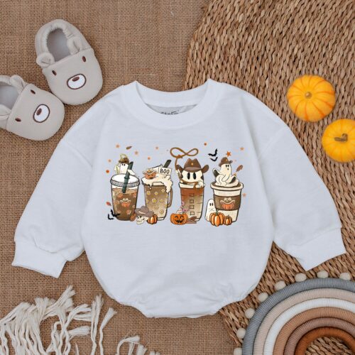 Cute Spooky Coffee Baby Bodysuit Western Halloween Romper First Halloween Outfit image 0